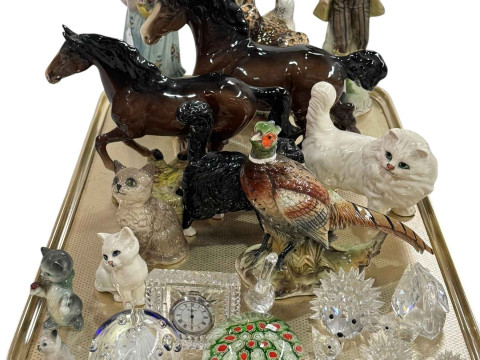 Pair of bisque figures, two Beswick horses, four cats and pheasant, small...