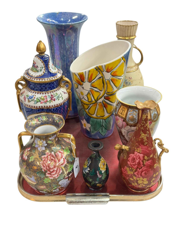Large Poole and Ruskin vases, Doulton Burslem, Spode x 2, Noritake, Wedgwood and Czech R.St.K. vase.