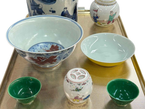 Collection of Chinese pottery including blue and white brush pot, dragon...