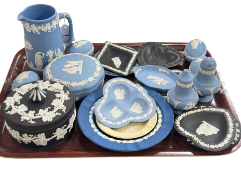 Collection of blue and black Wedgwood Jasperware.