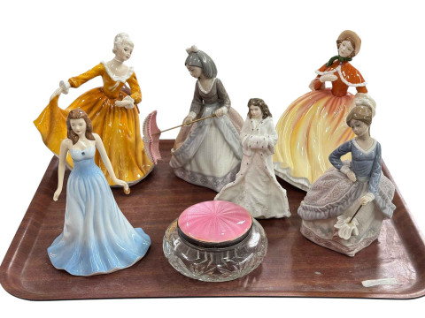 Four Royal Doulton and two Lladro ladies and silver and enamel topped...