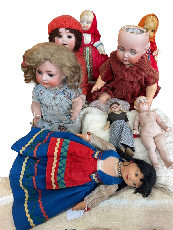 Two vintage wax head dolls, Schoenau & Hoffmeister and Gebruder Ohlhaver Victorian bisque head dolls, felt doll, etc.