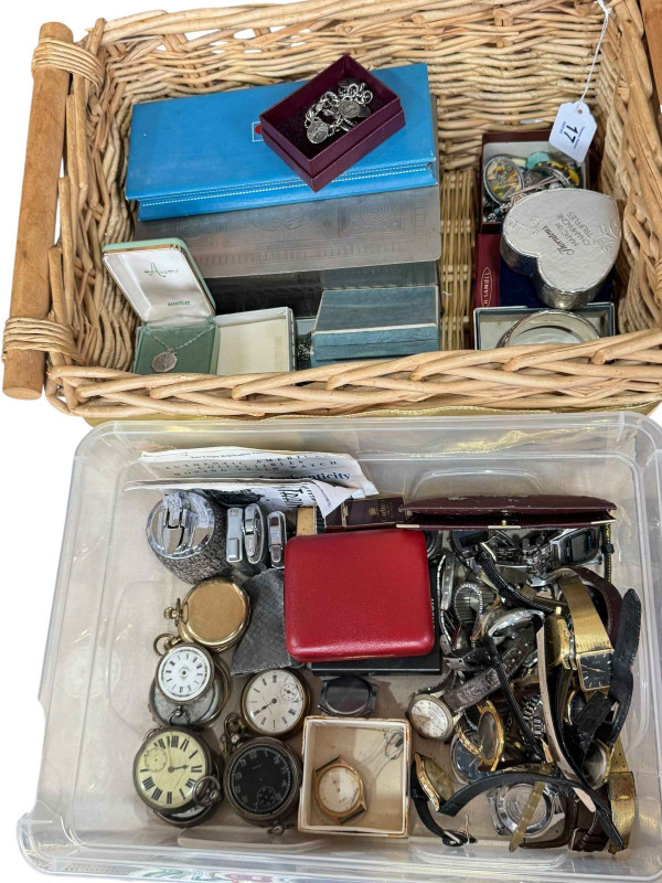 Two boxes of pocket and wristwatches including CYMA WWII military issue steel wristwatch, costume jewellery, lighters, etc.