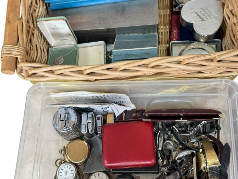 Two boxes of pocket and wristwatches including CYMA WWII military issue...