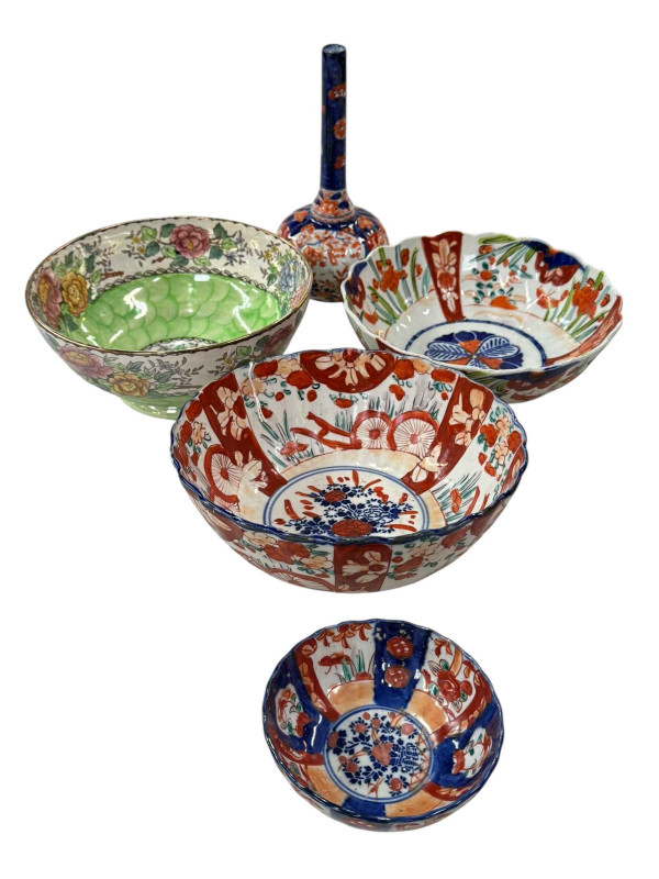 Three Imari bowls and bottle neck vase, and Maling bowl.