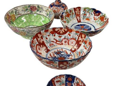 Three Imari bowls and bottle neck vase, and Maling bowl.