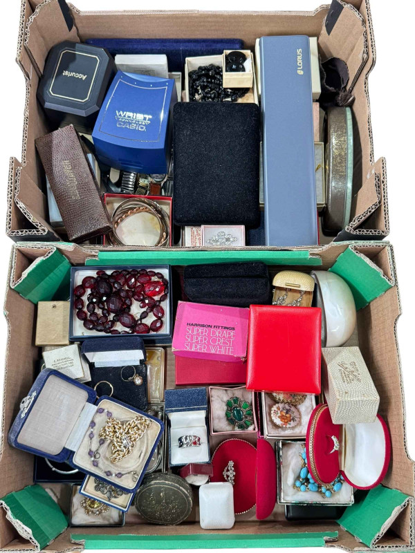 Two boxes of costume jewellery, wristwatches, etc.