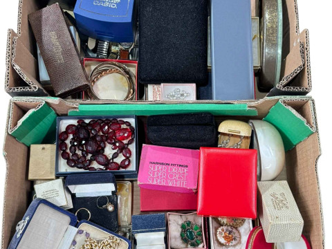 Two boxes of costume jewellery, wristwatches, etc.