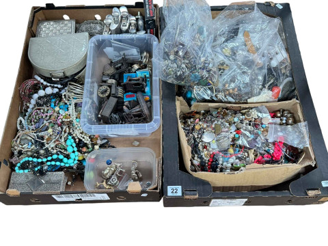 Two boxes of costume jewellery, hip flasks, etc.