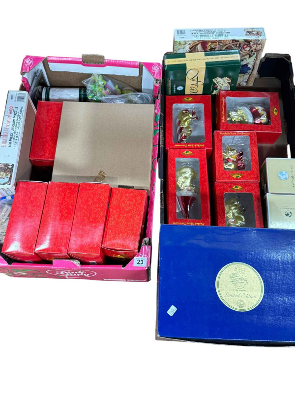 Two boxes of pocket dragons, ornaments, jigsaw puzzles, two wall plates, etc.