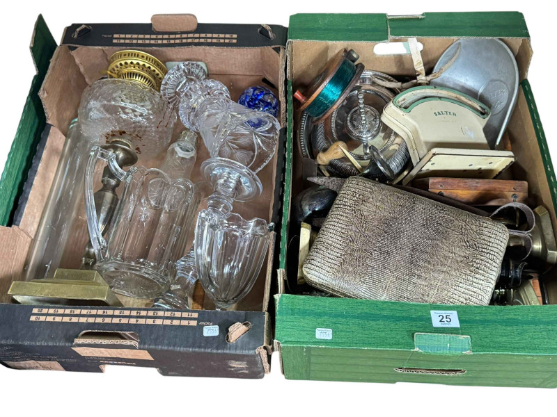 Assorted glass including oil lamp base, poker games, cuckoo clock, concertina, model railway track, Roberts radio and collectables.