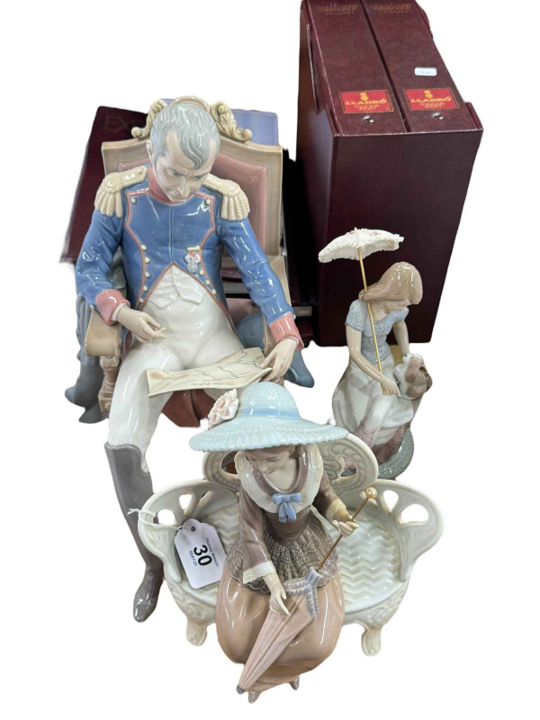 Collection of Lladro including Napoleon marked Nivico V Navarro No 106, Lady on Bench 1374, Lady with Dog 7612, collectors catalogues, etc.