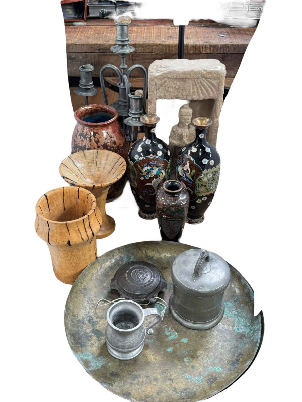 Pair of Cloisonné vases, pewter candelabra, stoneware jar, etc.
