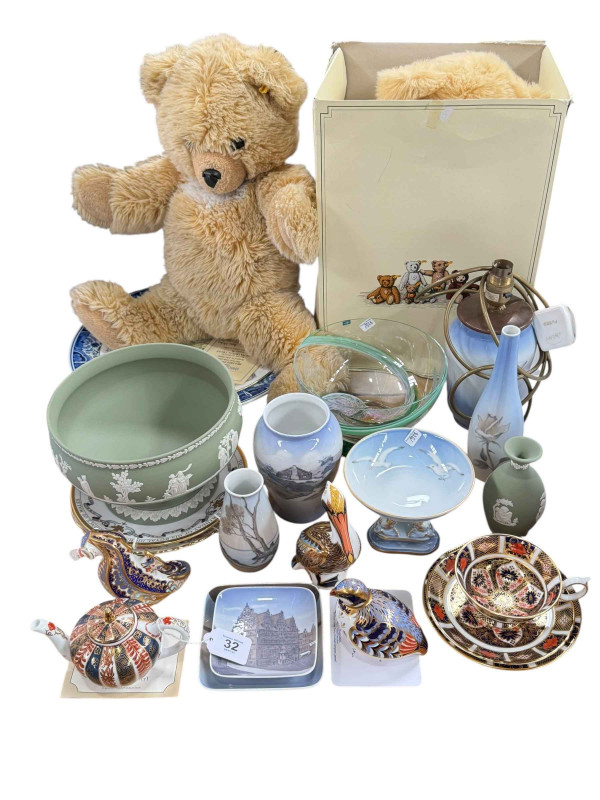 Royal Crown Derby Imari 1128, Royal Crown Derby paperweights, Royal Copenhagen, Steiff Molly teddy bear, green Wedgwood Jasperware, etc.