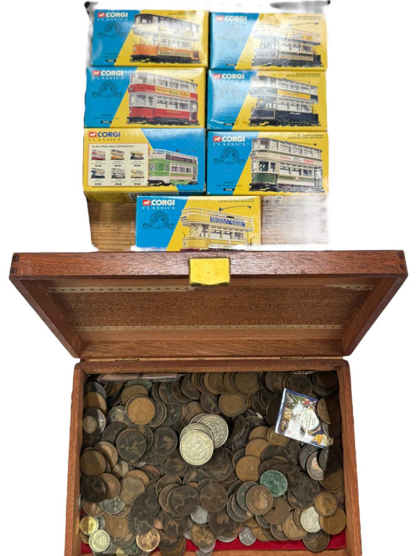 Collection of coins, Corgi Classics diecast trams, etc.