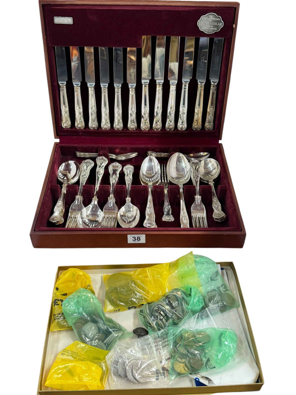 Canteen of cutlery, box of coins, etc.