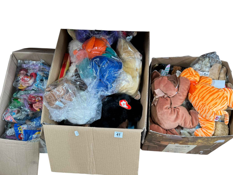 Three boxes of TY Beanie bears, McDonalds toys, etc.