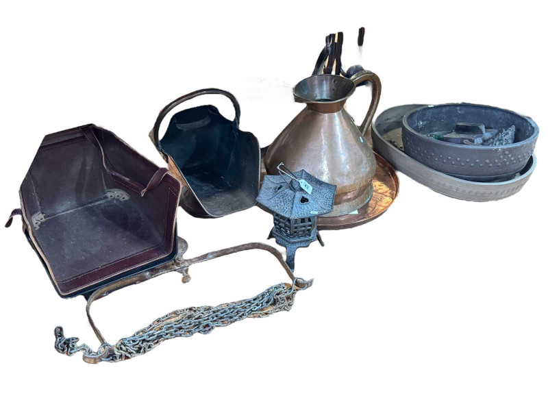 Continental log carrier, iron set of fire tools, two shallow bonsai plant troughs, three wooden stamps, large copper jug, large copper tray, copper coal helmet, cast Asian-style lantern, wood-block Indian stamps, etc.