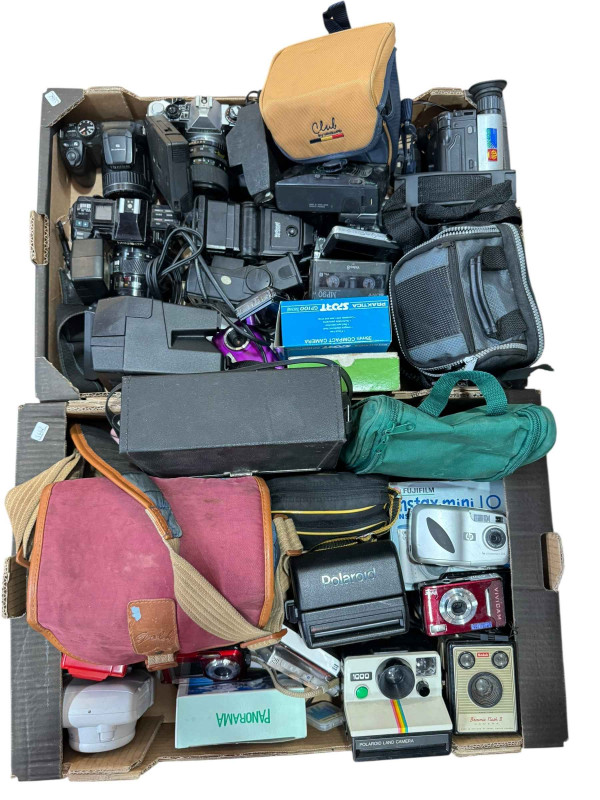 Two boxes of cameras, etc.