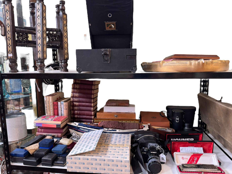 His Master's voice gramophone, inlaid base, trumpet, cameras, books, costume jewellery, etc.