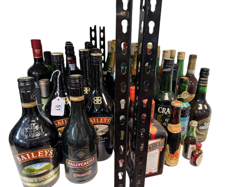 Collection of alcohol including Cockburn's Port 100cl, Baron de Lestac Bordeaux 1996, Cointreau 70cl, etc, approximately 47 bottles.