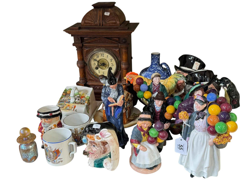 Royal Doulton figurines including Biddy Penny Farthing, Balloon Girl, The Wizard, character jugs, mantel clock, etc.