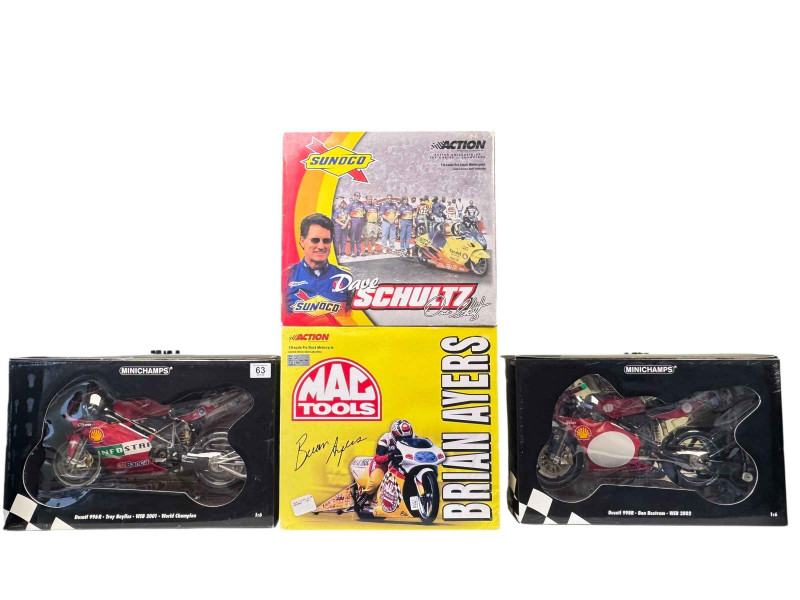 Two Minichamps Motorbike scale 1:6 Brian Ayers Mac Tools Stock Motorcycle and Sunoco Dave Schultz limited edition motorbike.