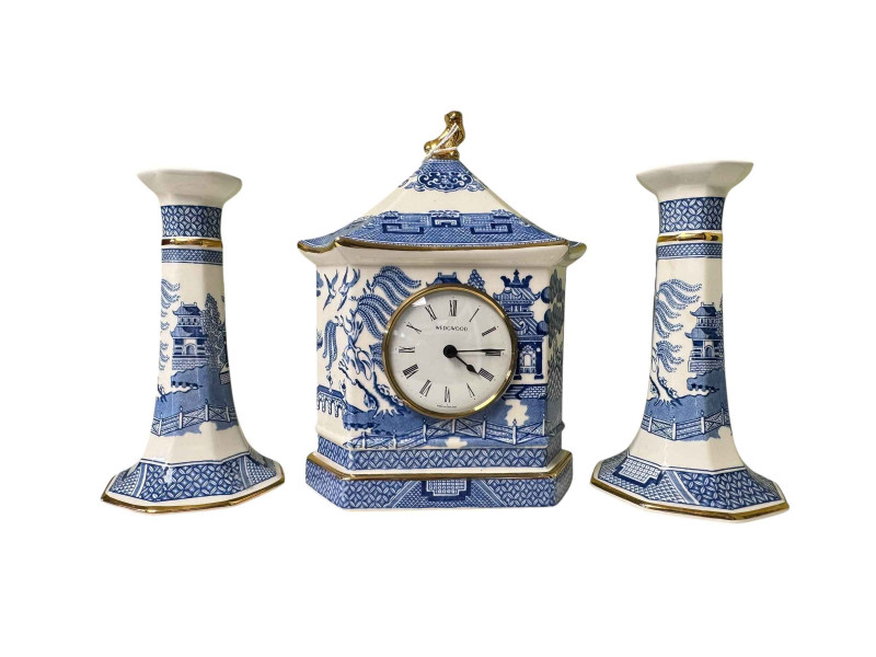 Wedgwood Willow clock and two candlesticks.