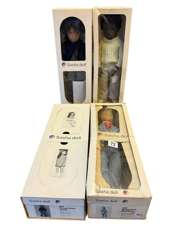 Four Sasha boy dolls, three Gregor and Caleb, boxed.