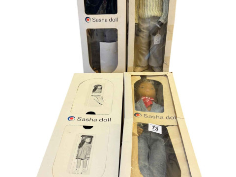 Four Sasha boy dolls, three Gregor and Caleb, boxed.