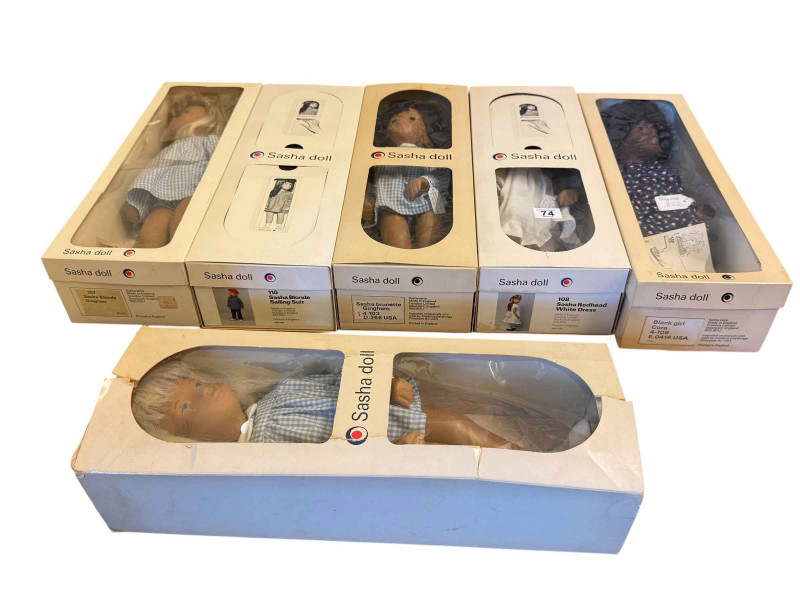 Six Sasha dolls, three Blond, Brunette, Redhead and Black Girl 'Cora', boxed.