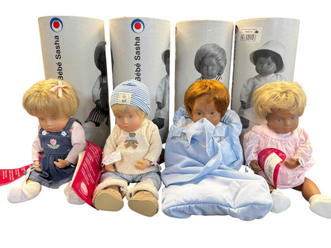 Four various Sasha dolls, Meike, Lars, Claudia and Victoria in tubes.