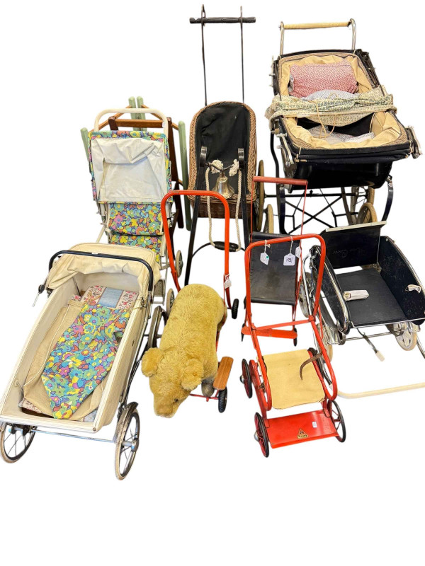 Silver Cross style dolls pram, smaller pram, push chair, sleigh cradle, dolls baby walkers including Triang, chair and airer.