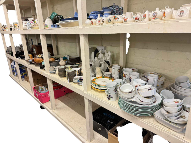 Collection of Royal Worcester Evesham Vale, inlaid mantel clock, coloured glass, Royal Doulton figurines, etc.