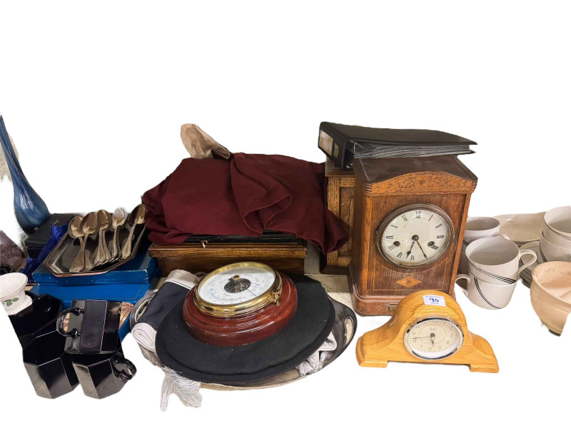 Collection of Royal Worcester Evesham Vale, inlaid mantel clock, coloured glass, Royal Doulton figurines, etc.
