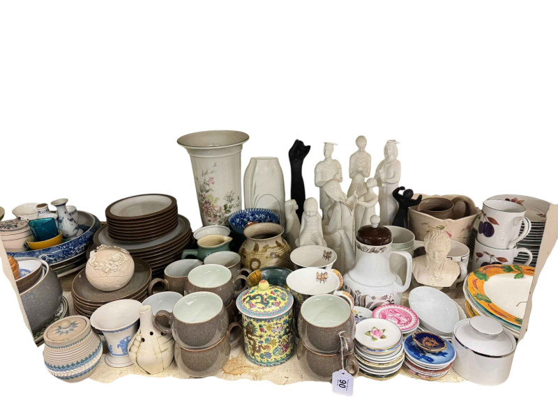 Collection of Royal Worcester Evesham Vale, inlaid mantel clock, coloured glass, Royal Doulton figurines, etc.