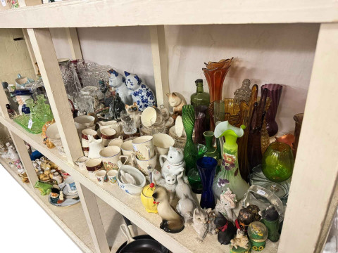 Collection of coloured glass, commemorative wares, figurines, etc.