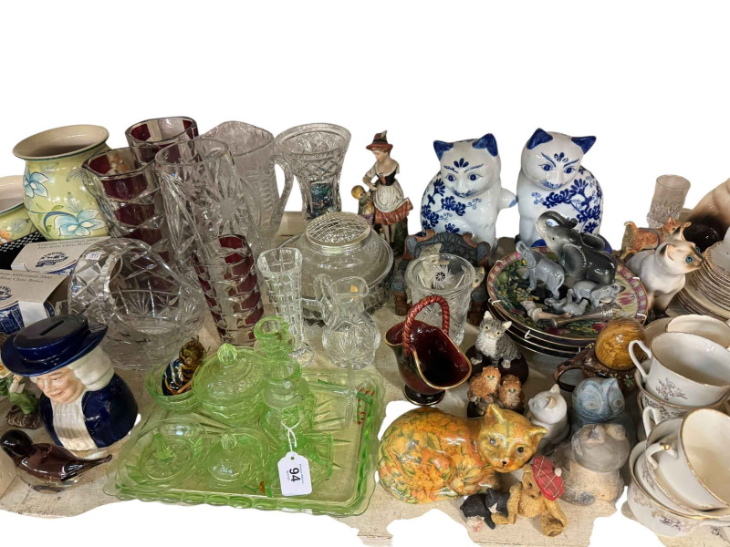 Collection of coloured glass, commemorative wares, figurines, etc.