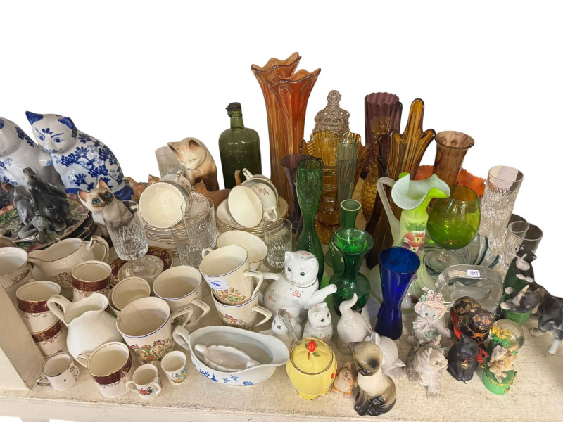 Collection of coloured glass, commemorative wares, figurines, etc.