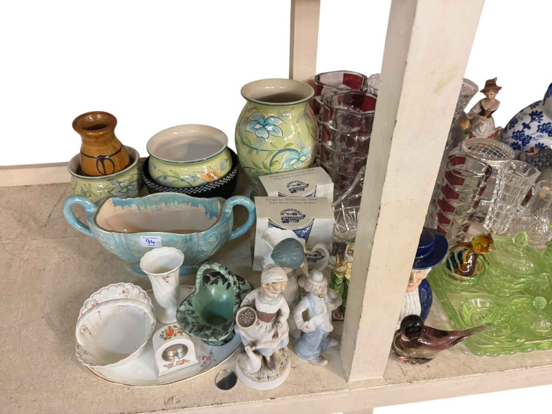 Collection of coloured glass, commemorative wares, figurines, etc.