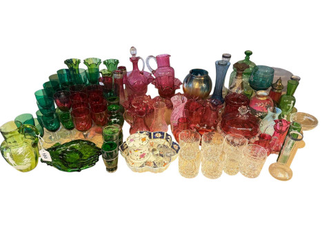 Collection of coloured glass including Mary Gregory, Cranberry, etc.