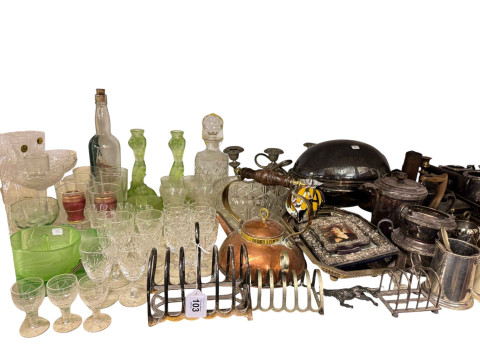 Collection of metalwares including cased cutlery, toast racks, photograph frames, car badge, glass, barometer etc. thumbnail