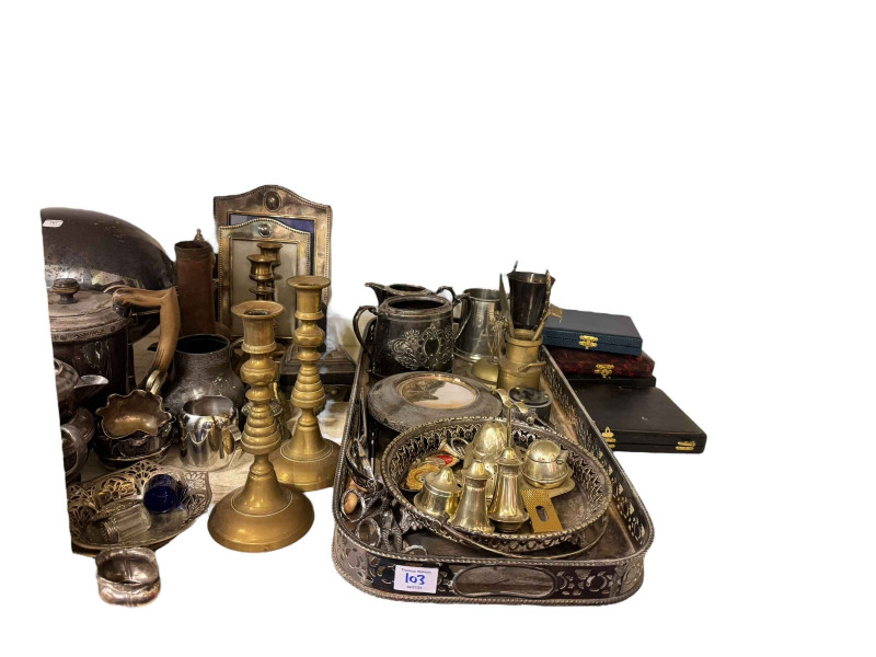 Collection of metalwares including cased cutlery, toast racks, photograph frames, car badge, glass, barometer etc.