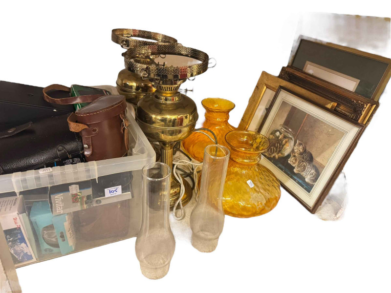 Box of cameras, Victorian oil lamps, silver plated wares, chrystoleums, prints, etc.