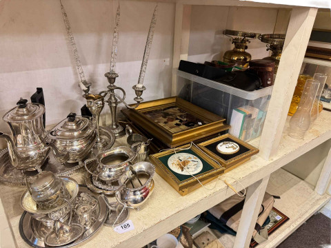Box of cameras, Victorian oil lamps, silver plated wares, chrystoleums,...