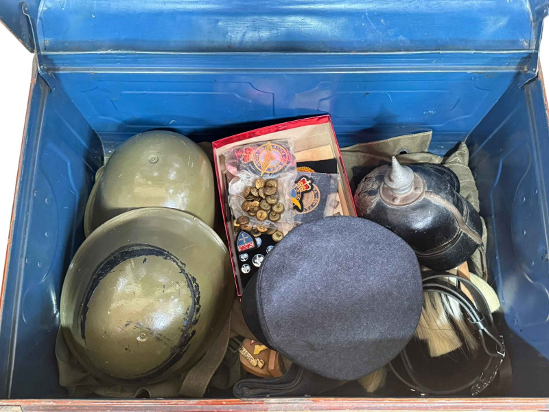 RAF uniform, Great Coat dated 1951, helmets, buttons, cloth patches, RAF hats, etc.