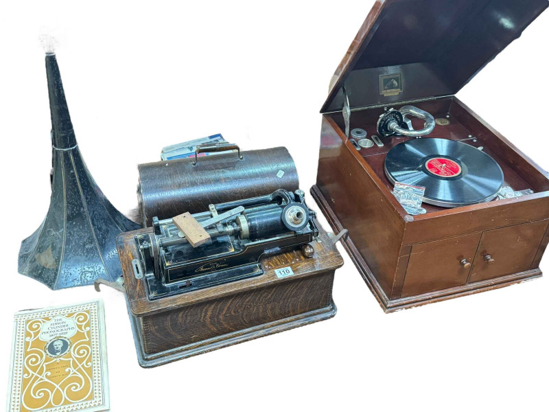 His Masters Voice table top gramophone, Edison cylinder phonograph with horn, etc.