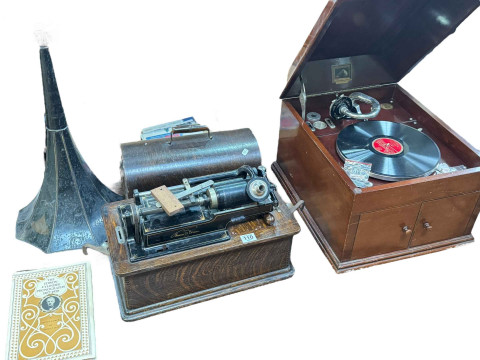 His Masters Voice table top gramophone, Edison cylinder phonograph with...