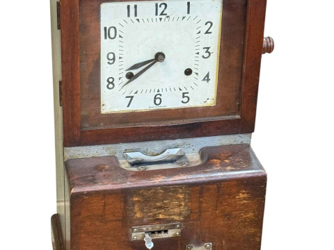 Early 20th Century clocking in clock and key, 72cm by 39cm by 31cm.