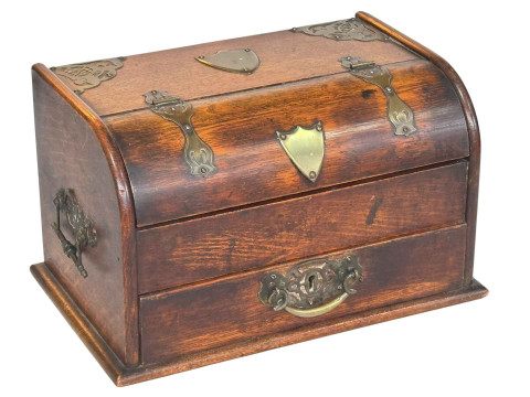 Victorian mahogany and brass inlaid stationery box with lever action.